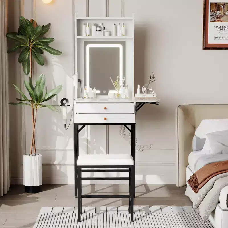 Small Makeup Vanity Desk set with Mirror, Stool, Adjustable Lighted,2 Drawers,Hair Dryer Holder,Fold-Up Panel, for Small Bedrooms and Corner