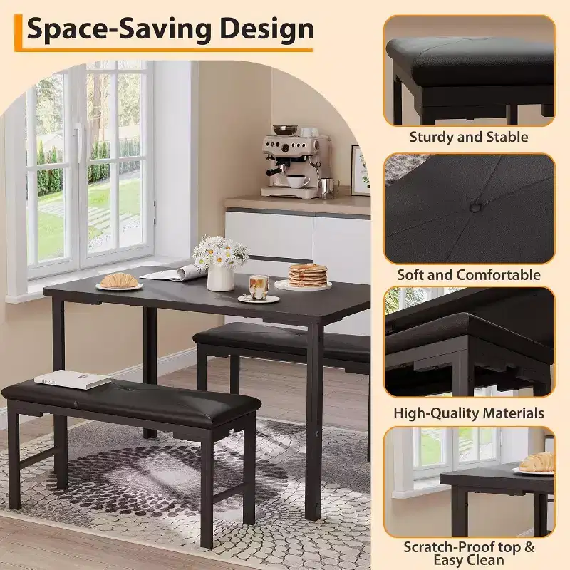 Dining Table Set for 4, 3-Piece Kitchen Table with 2 Upholstered Benches, Space-Saving Dinette for Dining Room, Apartment, Small Space