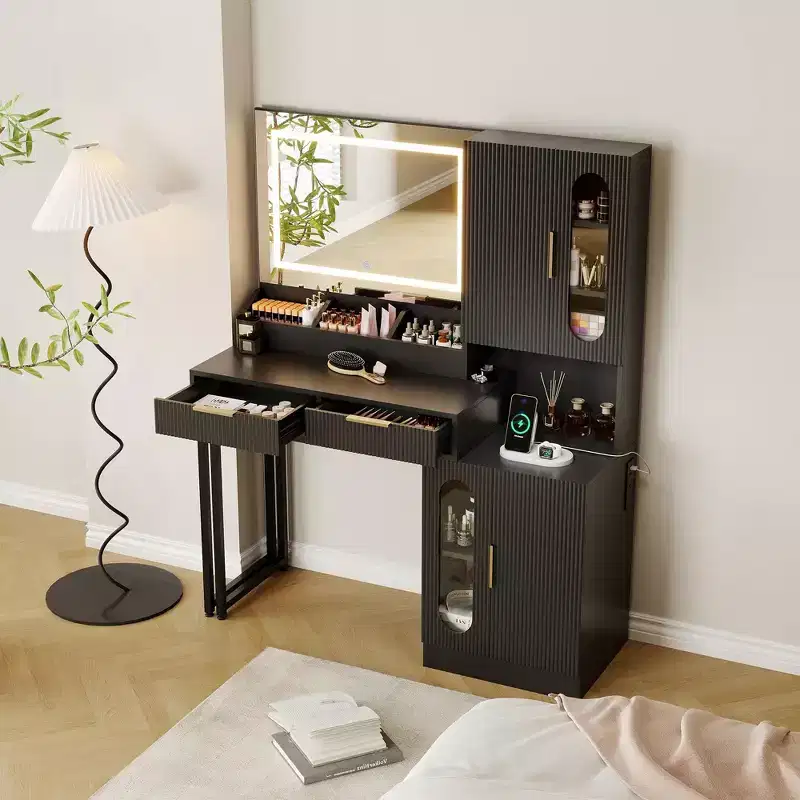 Vanity Desk, Fluted Vanity Table with Drawers and Cabinets, Modern Makeup Desk with Charging Station, 3 Color Lighting Modes for Bedroom
