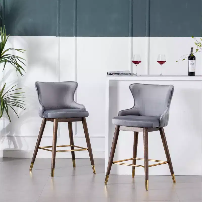 Roundhill Furniture Leland Fabric Upholstered Counter Height Wingback Stools, Gray, Set of 2