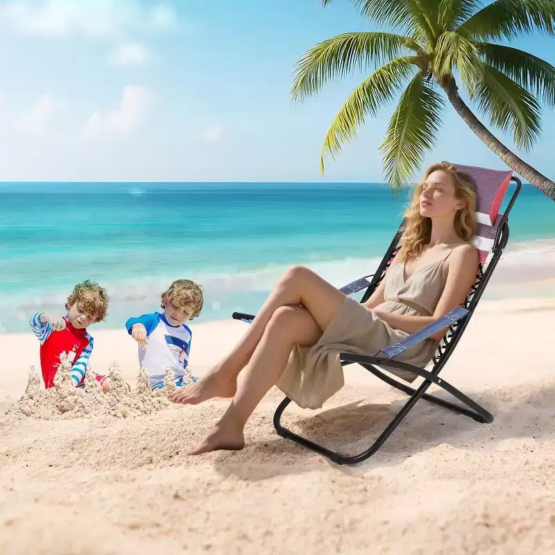 Beach Chairs for Adults, Portable Folding Chair with Headrest & Cup, Camping Chairs for Beach and Yard, Support to 250LBS Holder