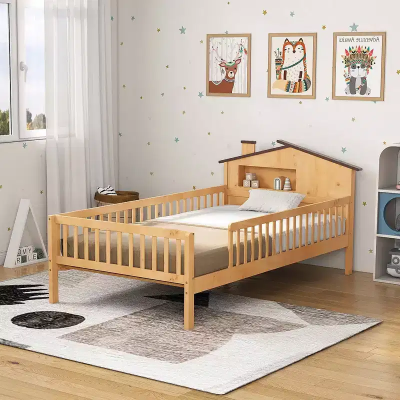 Twin Size Kids Solid Wood Bed with Storage, House Headboard and Safety Guardrails