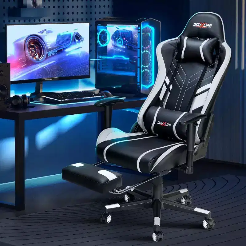 Douxlife Modern 7-Point Massage Ergonomic Gaming Chair with Footrest & Adjustable Armrests Black White