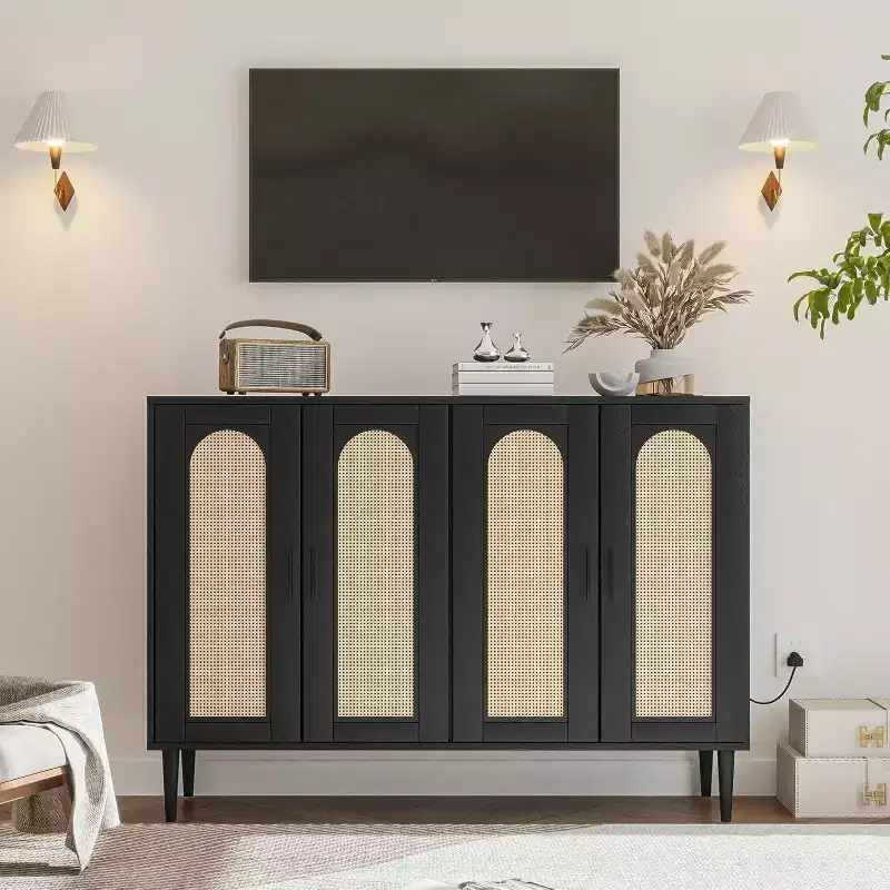 Rattan Sideboard with Power Outlet - Boho Buffet Cabinet, 4-Door Storage for Dining & Living Room