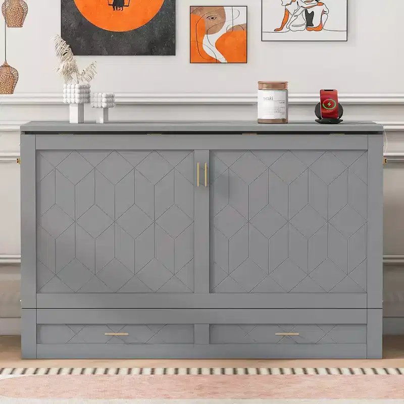 Whisen Clever Design Queen Size Murphy Bed, Folded into a Cabinet with Drawer and USB Ports
