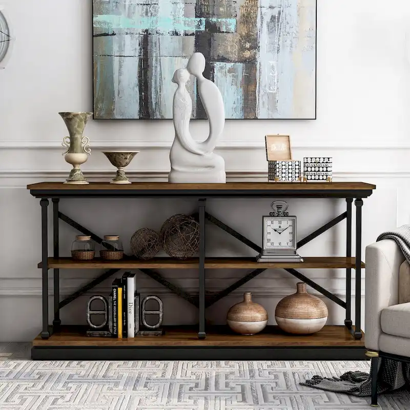 Transitional 59-inch Steel 2-Shelf Console Table