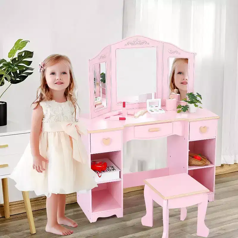 Acekool Kids Vanity Set with Stool, Tri-Fold Mirror, Storage Drawers & Open Shelves, Pink Makeup Desk for Girls Ages 3+