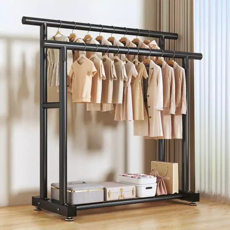 AEELLEEA Heavy Duty Rolling Double-Tier Clothes Rack - Double Hanging Rails & Bottom Storage Shelf for Home Organizing