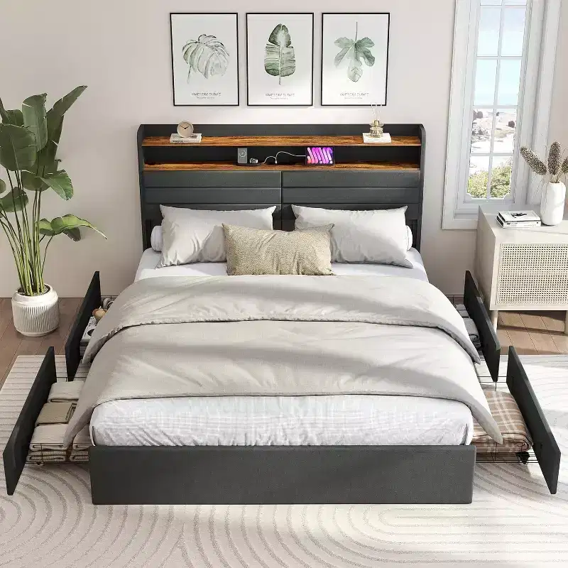 Zevemomo Queen Bed Frame with 4 Storage Drawers, Queen Size Upholstered Bed Frame with Headboard, LED,Sturdy Metal Slat Support, Noiseless, Gray