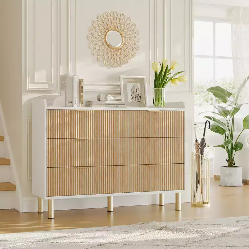Fluted 6 Drawer Double Dresser for Bedroom, Wood Storage Dresser Organizer for Bedroom Living Room