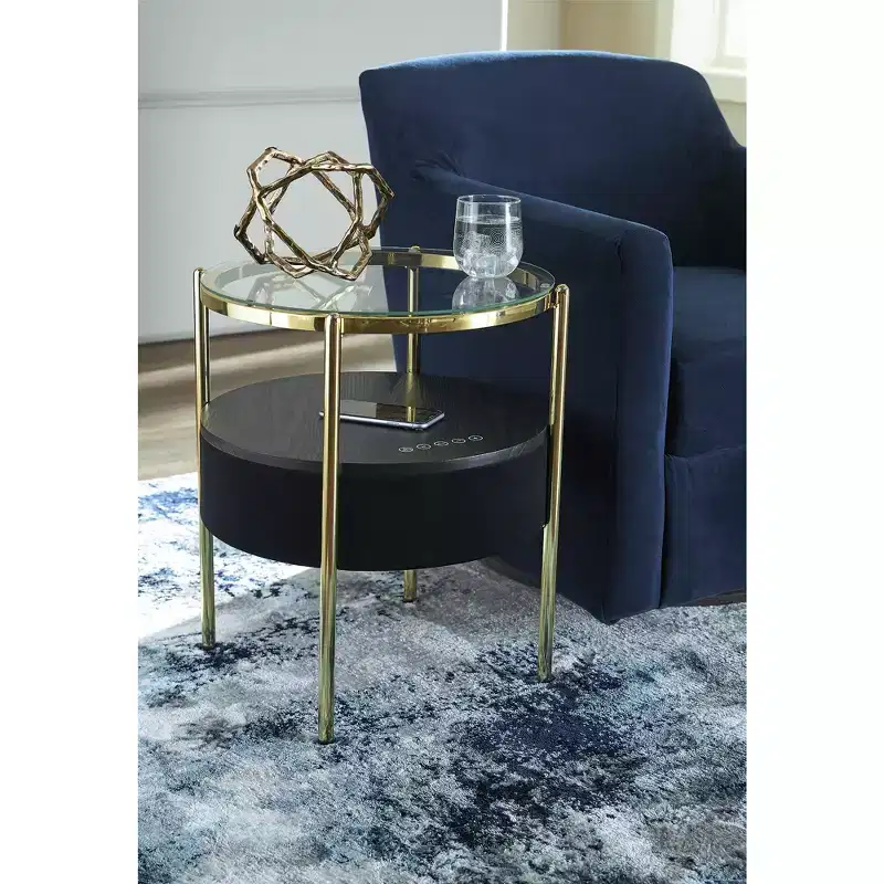 Signature Design by Ashley Nedman Contemporary Black & Gold Accent Table with Bluetooth Speaker