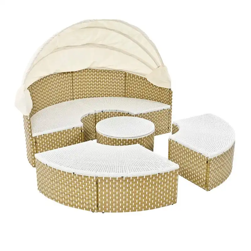 Round Outdoor Daybed Two-Tone Weave Sunbed with Retractable Canopy