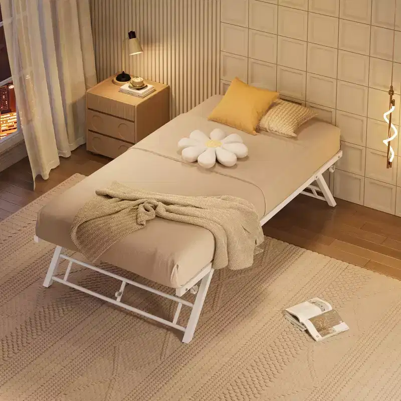 Stand Up Trundle Day Bed, Pop Up Trundle, Twin Trundle Bed Frame Only, Metal Slats Support with Lockable Casters, Noise-Free Design, White