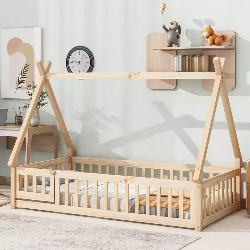 MAYEERTY Twin Tent-shaped Floor Bed with Safety Guardrails Beige