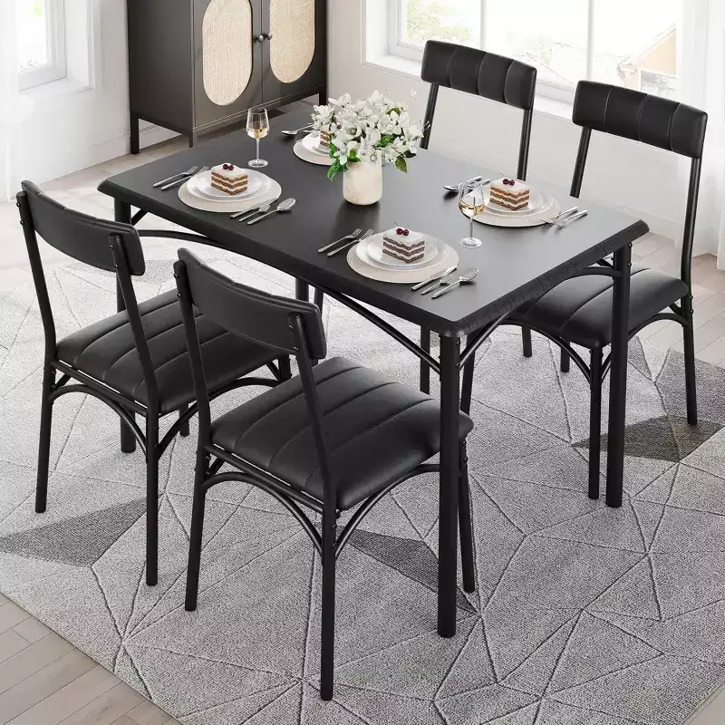 Kitchen Table and Chairs, Dining Room Table Set for 4 with Upholstered Chairs, Kitchen Table Set Metal and Wood Rectangular Dining Table