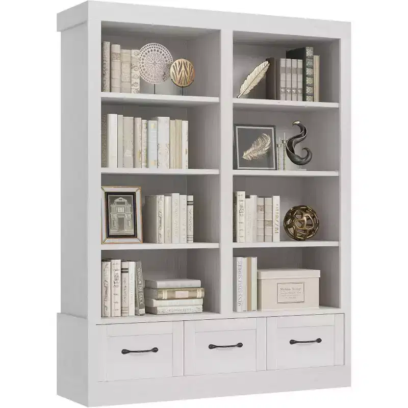 64 Tall Wooden Bookshelf with 3 Storage Drawers & 4-Tier Open Shelves  Large Bookcase for Library, Office & Living Room