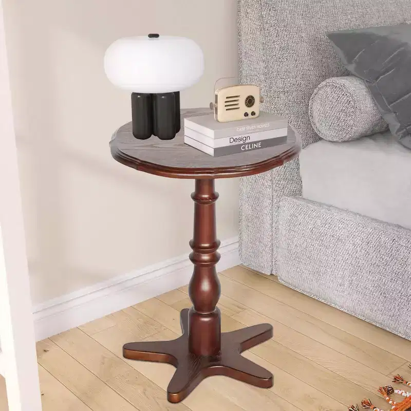 MAYEERTY 15.75 Round Coffee Table, Wooden Pedestal Side Coffee Tables, Vintage Accent Nightstand for Living Room Brown