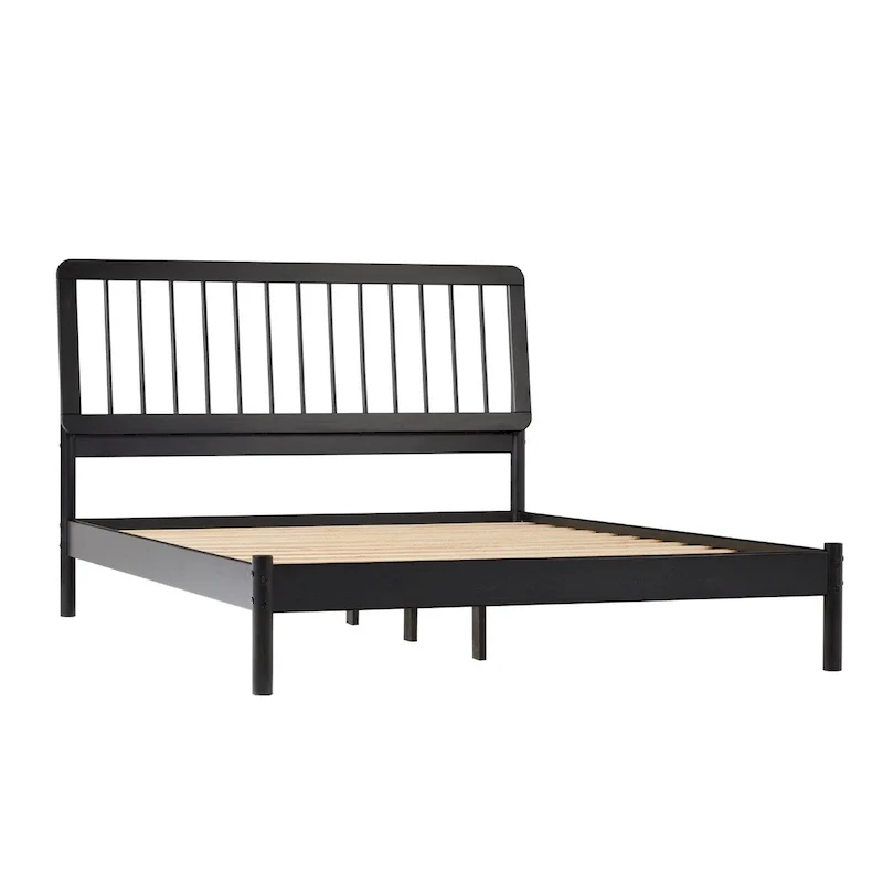 Mid-Century Modern Queen Spindle Bed – Sleek Black Finish, Solid Wood Construction