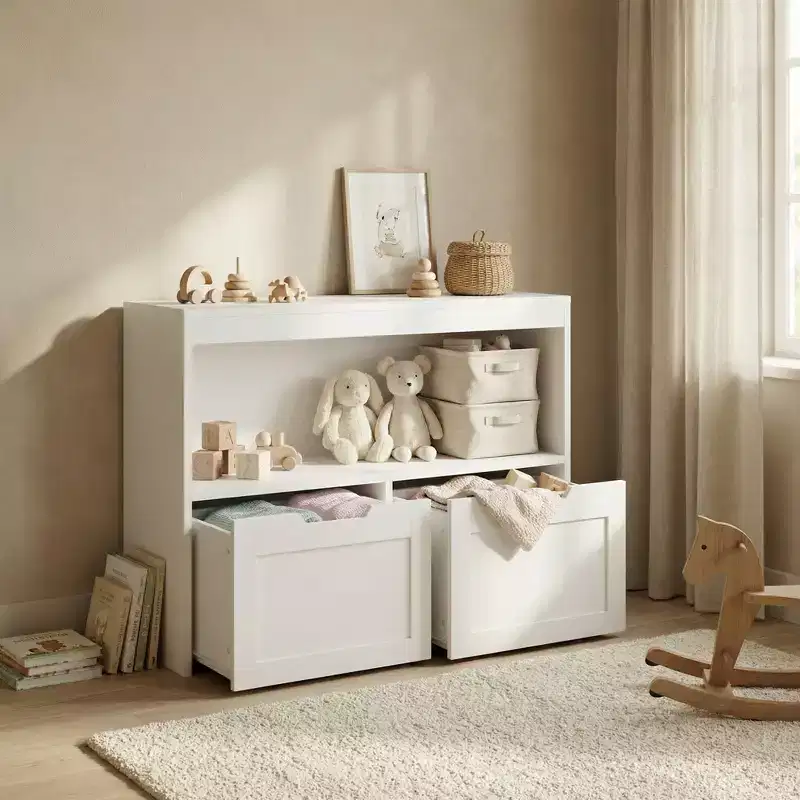JVNOXK Multi-Functional Storage Unit with 2 Drawers and Open Shelves, offering ample storage spacethe perfect choice for your living room, White