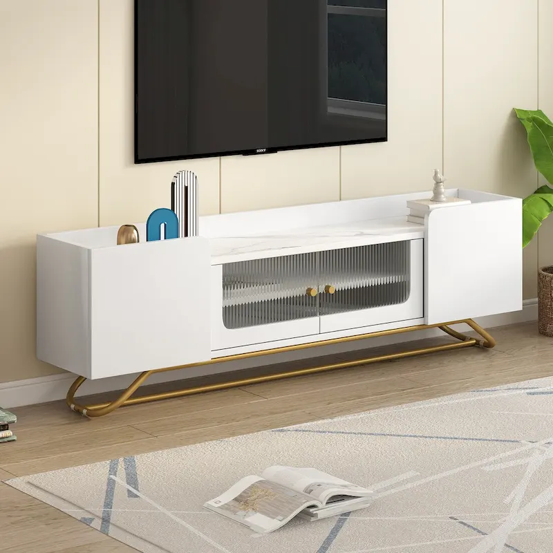 White/Black/Grey TV Stand with Fluted Glass Doors & Gold Frame, Fits TVs up to 70