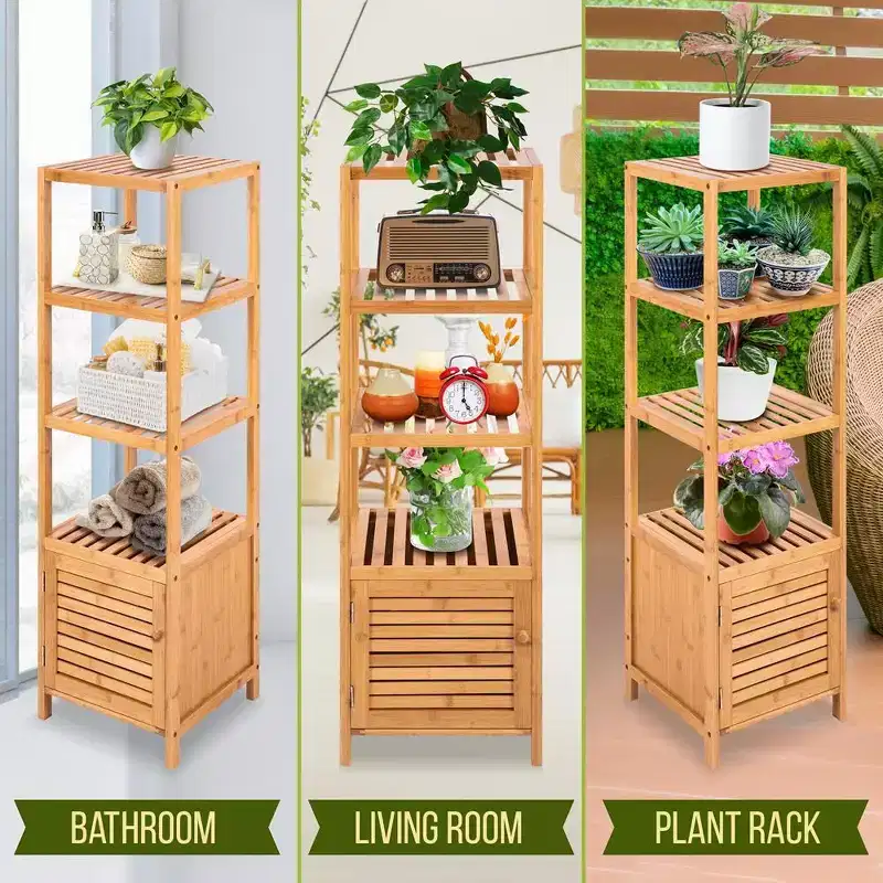 5-Tier Bamboo Storage Cabinet with 4 Shelves & Door, Eco-Friendly, Indoor/Outdoor