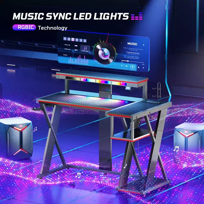 Bestier 41.6''/57'' L Shaped Gaming Desk with Monitor Stand & Power Outlet, LED Corner Computer Desk with Cup Holder & Controller Stand