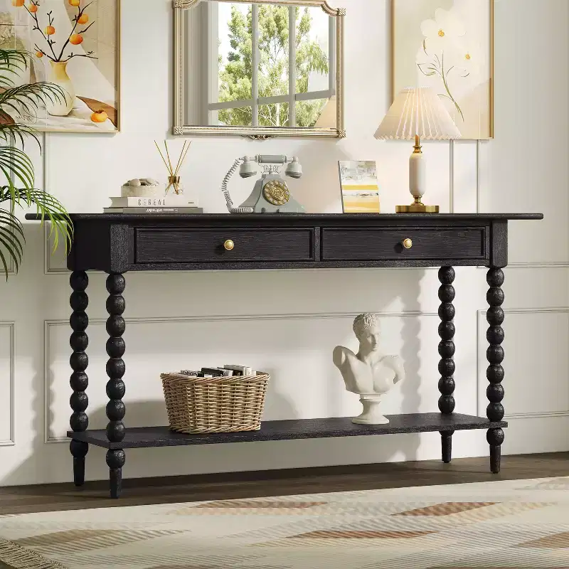 Retro Wood Console Table with 2 Drawers & Open Shelf, Entryway Accent Table for Living Room