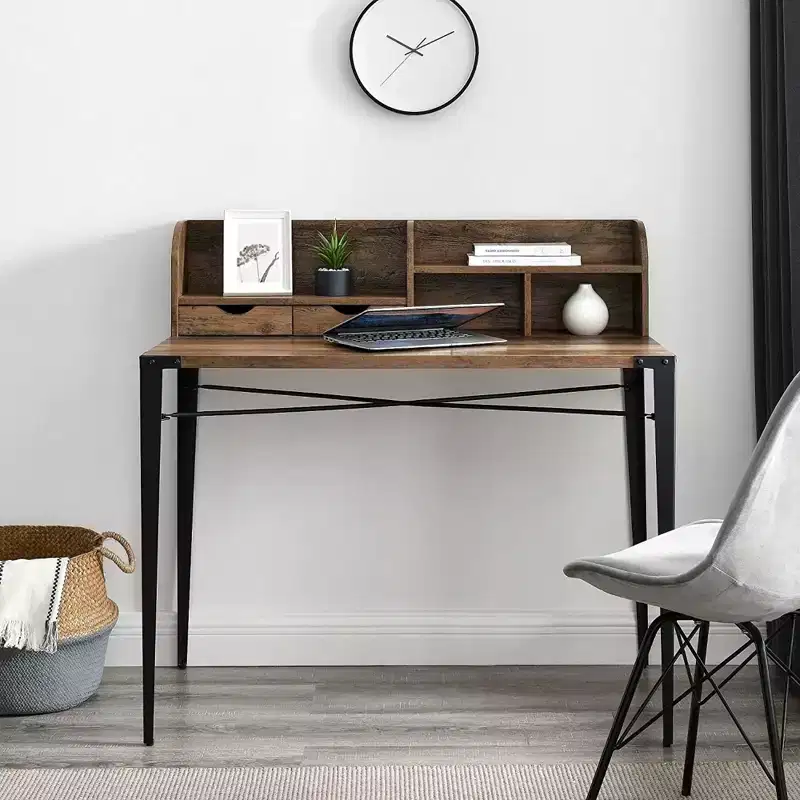 Furniture Company Industrial Secretary Desk with Hutch, Walnut, 42in