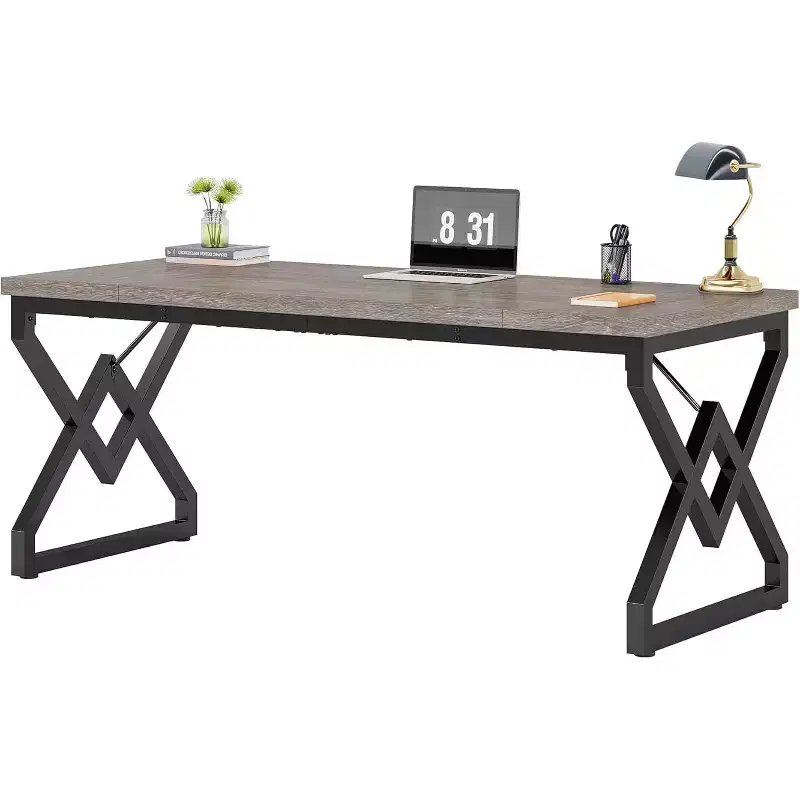 Lantine 62.99 Inch Executive Desk, Large Office Computer Desk with Extra Thick Wooden Tabletop and Metal Frame