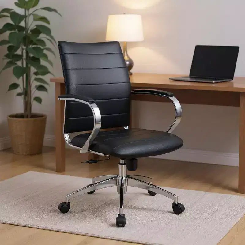 Black and Silver Adjustable Height Swivel Rolling Office Chair with Faux Leather Back