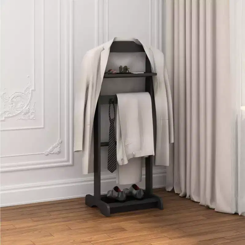 Portable Wooden Clothes Rack, 5-in-1 Suit Valet Stand with Shoe Shelf, Coat Hanger & Top Tray, 47.24 Tall, Black