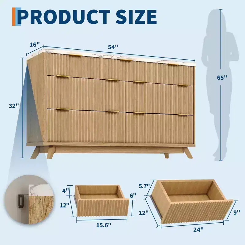 Fluted 7 Drawers Dresser, 54 Wide Modern Chest of Drawers, Curved Profile Design, Large Storage Cabinet Organizer for Bedroom, Living Room, Hallway