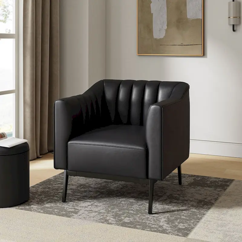 Alfons Industrial Leather Chair with Channel Tufting and Metal Leg by HULALA HOME