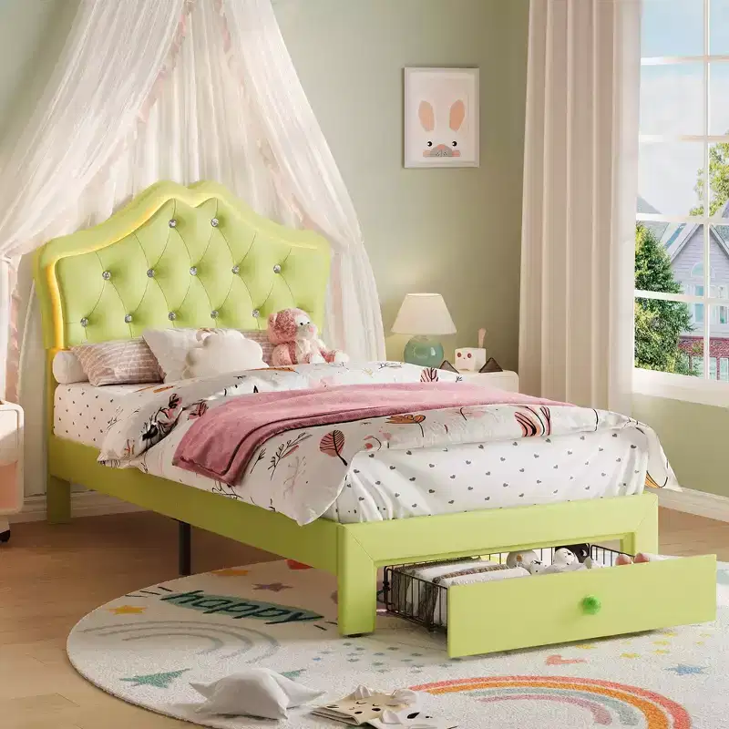 Bed Frame with LED Lights & Velvet Crystal Button Headboard, Upholstered Bed with Storage Drawer, Noise Free, No Box Spring Needed for Kids, Teens