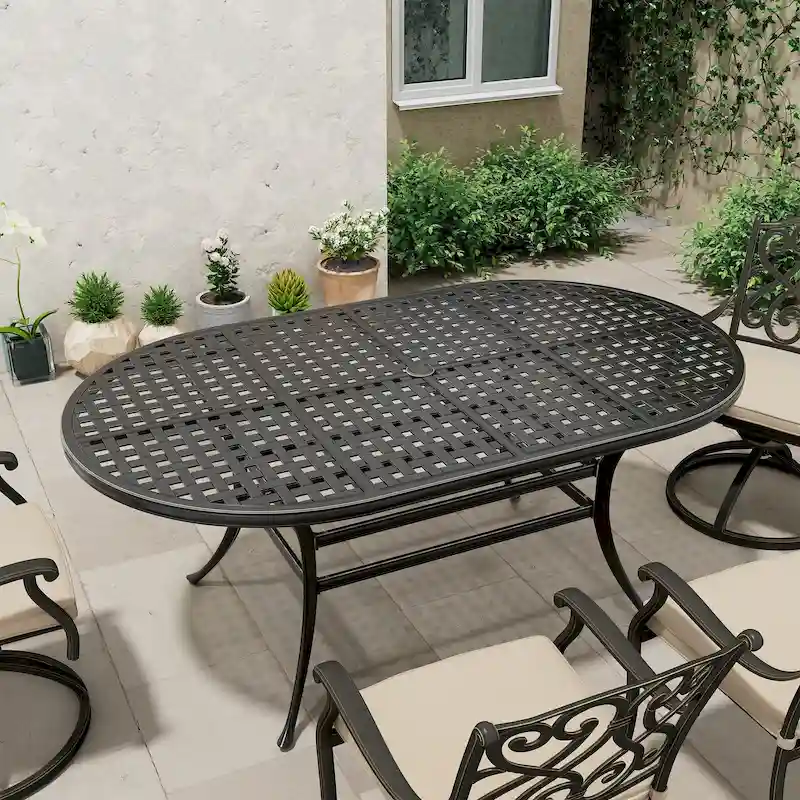 72 Outdoor Dining Table Cast Aluminum Classic Lattice Elliptical Shape Patio Table with Umbrella Hole