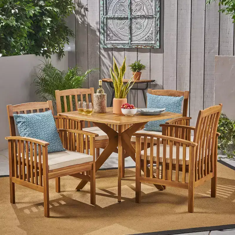 Christopher Knight Home Valmont Outdoor Acacia Wood 5 Piece Dining Set with Cushion, Teak/Cream