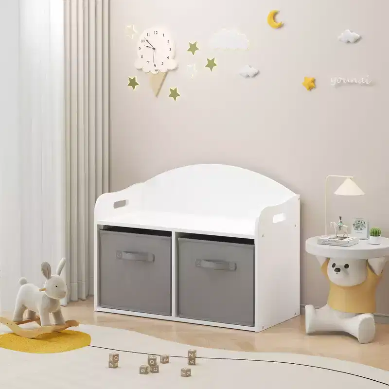 Whisen Kids Wooden Toy Box/Bench with Collapsible Fabric Drawers, Toy Storage Cabinet Organizer - White