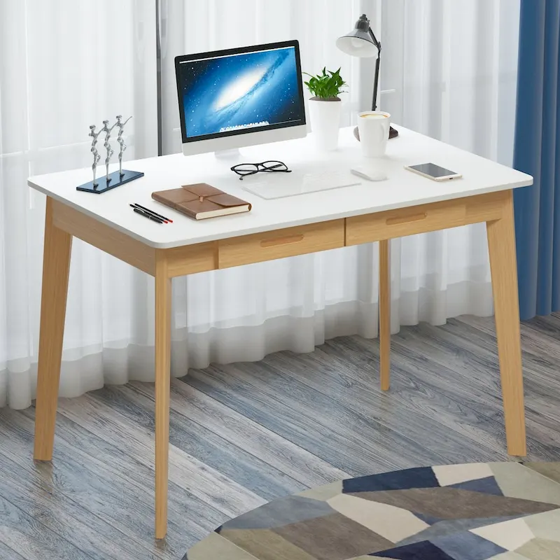 White Wood Finish Writing Desk with 2 Drawers, 1-Person