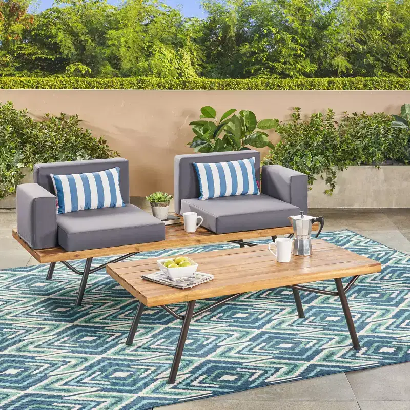 Christopher Knight Home Canoga Outdoor Acacia Wood 2 Seater Sofa and Table Set with Cushions