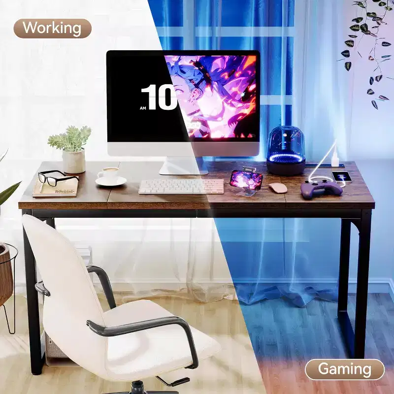 Dyonery Computer Desk with Power Outlets, 1.2 Inch Extra-Thick Home Office Desktop,Gaming Writing Work for Home Office, Rustic Brown