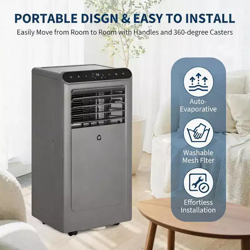 GustoWave 8,000 BTU 4-in-1 Portable Air Conditioner - Cools Up to 350 Sq.Ft, Quiet Operation, Remote Control, 24H Timer, LED Display