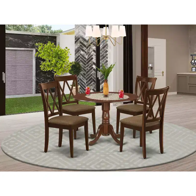HomeStock Belmont 5Pc Dining Set Includes a Round Dinette Table with Drop Leaves and Four Double X Back Linen Seat Kitchen Chairs, Mahogany Finish