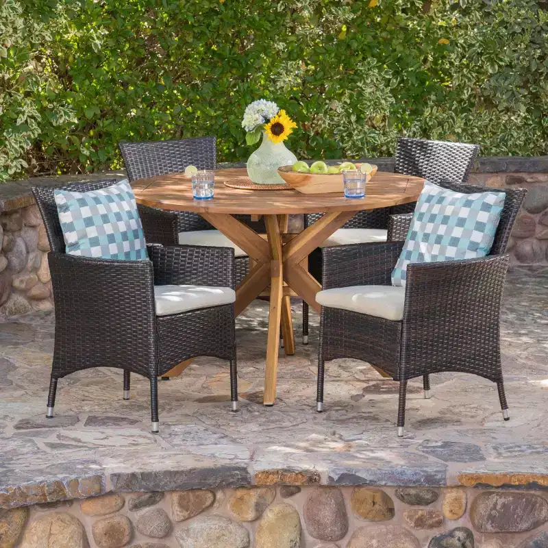 Christopher Knight Home Carroll Outdoor Wicker and Acacia Wood 5 Piece Dining Set with Cushion