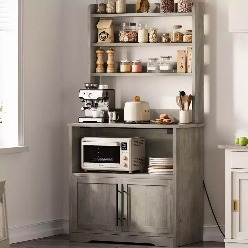 Farmhouse Microwave Stand Bakers Rack with Power Outlet, 63 Freestanding Bakers Rack with Thickened Counter, Easy Assembly,White Peer Wood