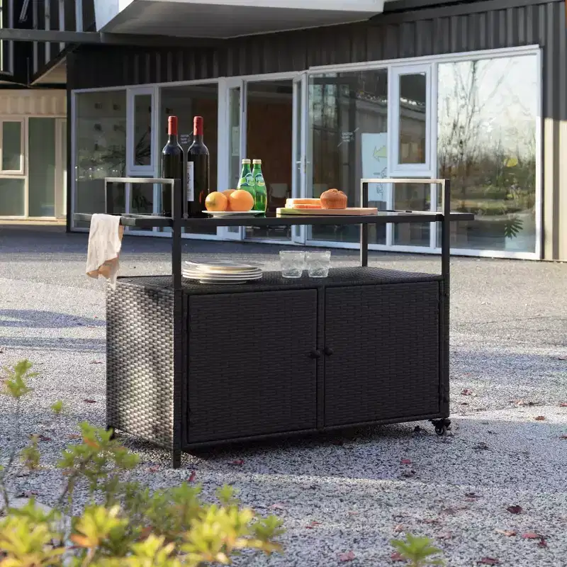 Bar Serving Cart Outdoor Wicker Wine and Beverage Counter with Glass Tabletop for Patio , Black, 51.18*19.69*35.43