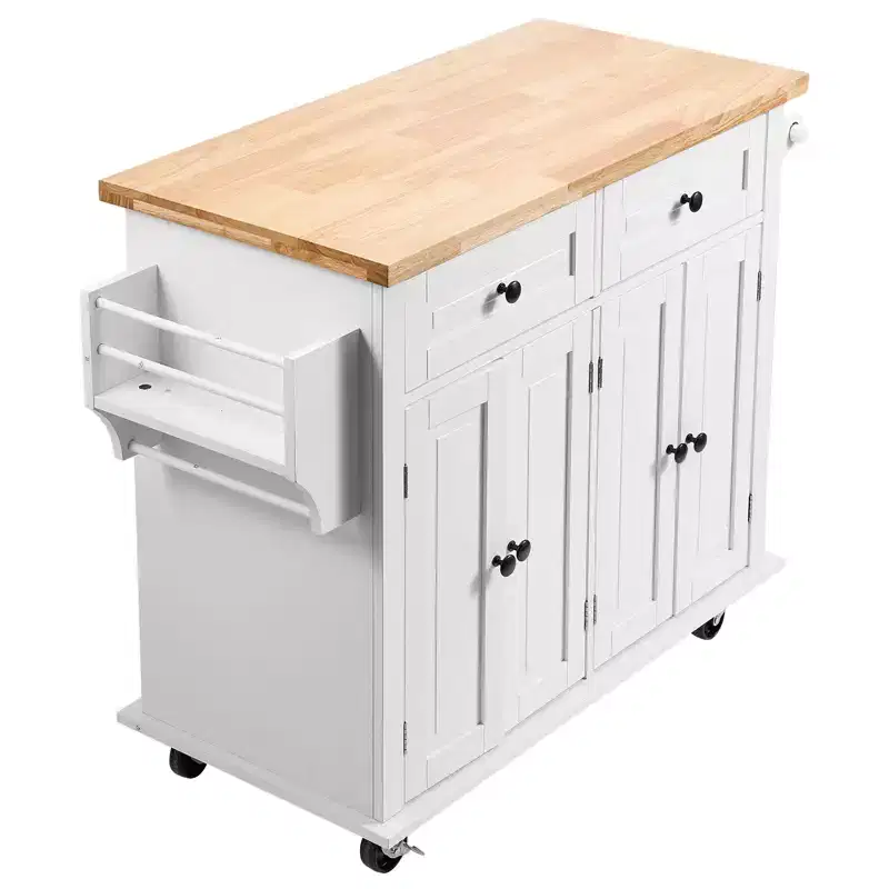 VEVOR Kitchen Island Cart with Solid Wood Top, 35.4 Width Mobile Carts with Storage Cabinet, Rolling Kitchen Table with Spice Rack, White