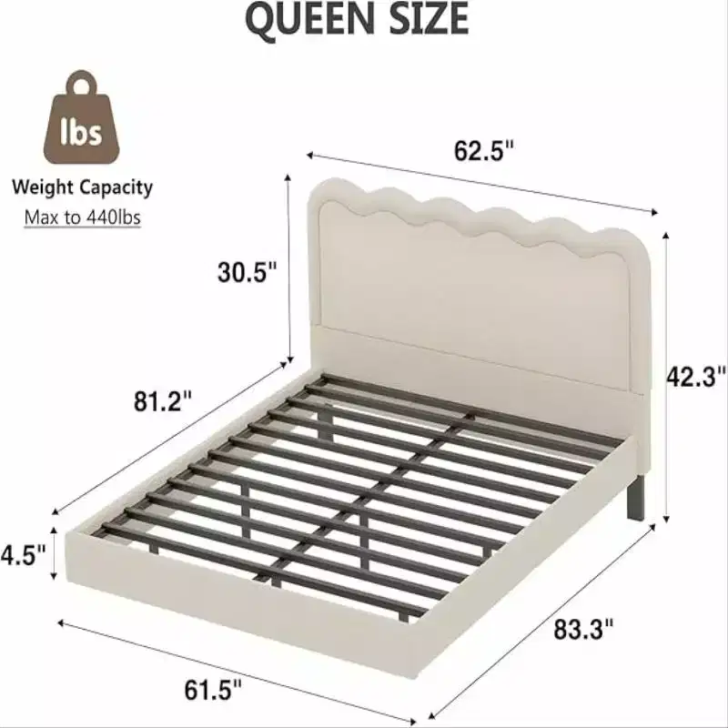 Dyonery Queen Size Boucle Bed Frame with LED Lights, Floating Bed Frame with Waved Headboard & Sturdy Metal Frame, Noise-Free?beige