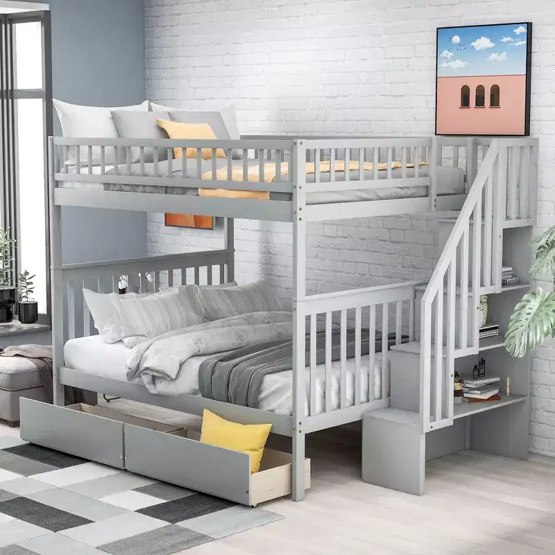 Full over Full Bunk Bed with Drawers and Storage Staircase