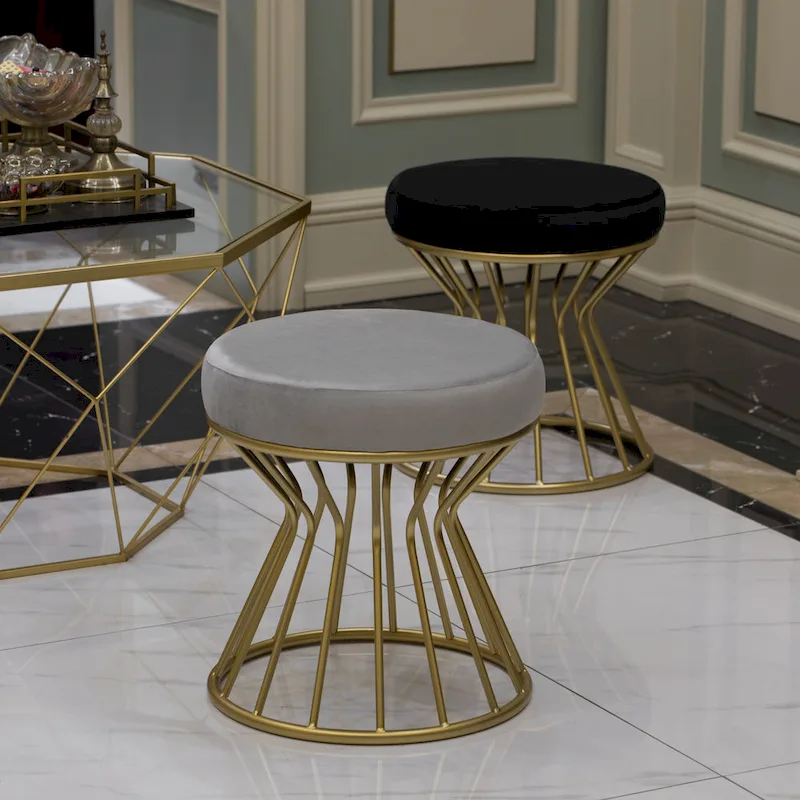 Modern Round Velvet Stool with Bent Gold Metal Base Standard Ottoman