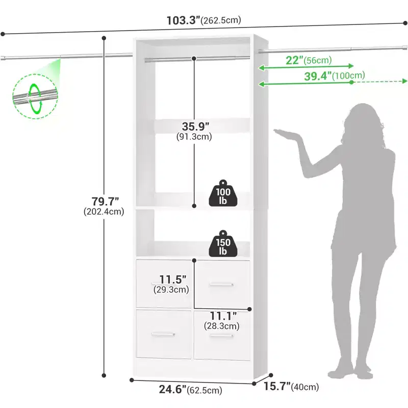 25 To 103 Closet System with Four Farbric Drawers